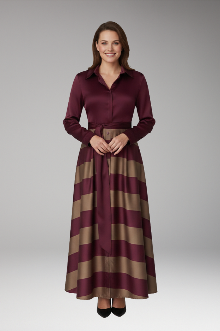 Women's Maxi Dress with Shirt Collar and Waist Belt