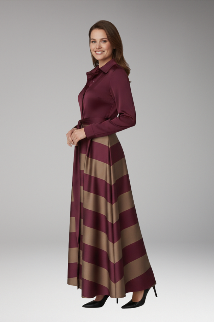 Women's Maxi Dress with Shirt Collar and Waist Belt