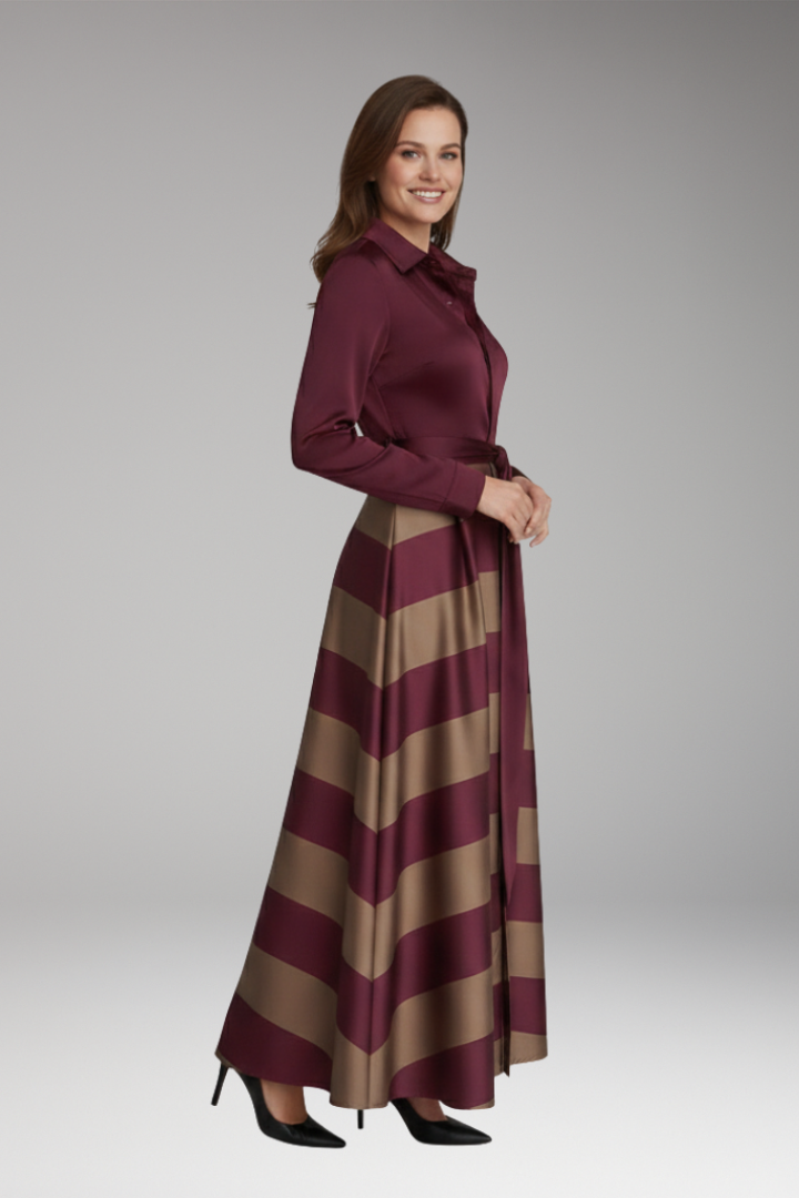 Women's Maxi Dress with Shirt Collar and Waist Belt