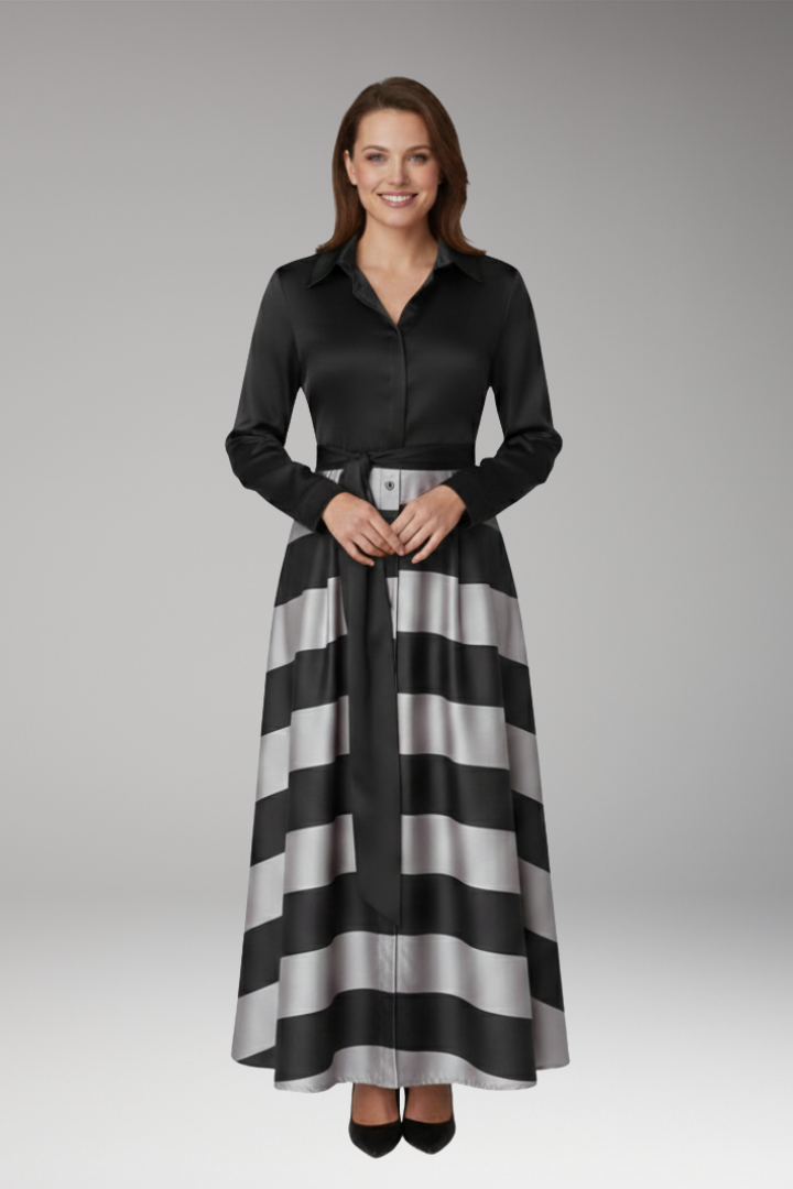 Women's Maxi Dress with Shirt Collar and Waist Belt