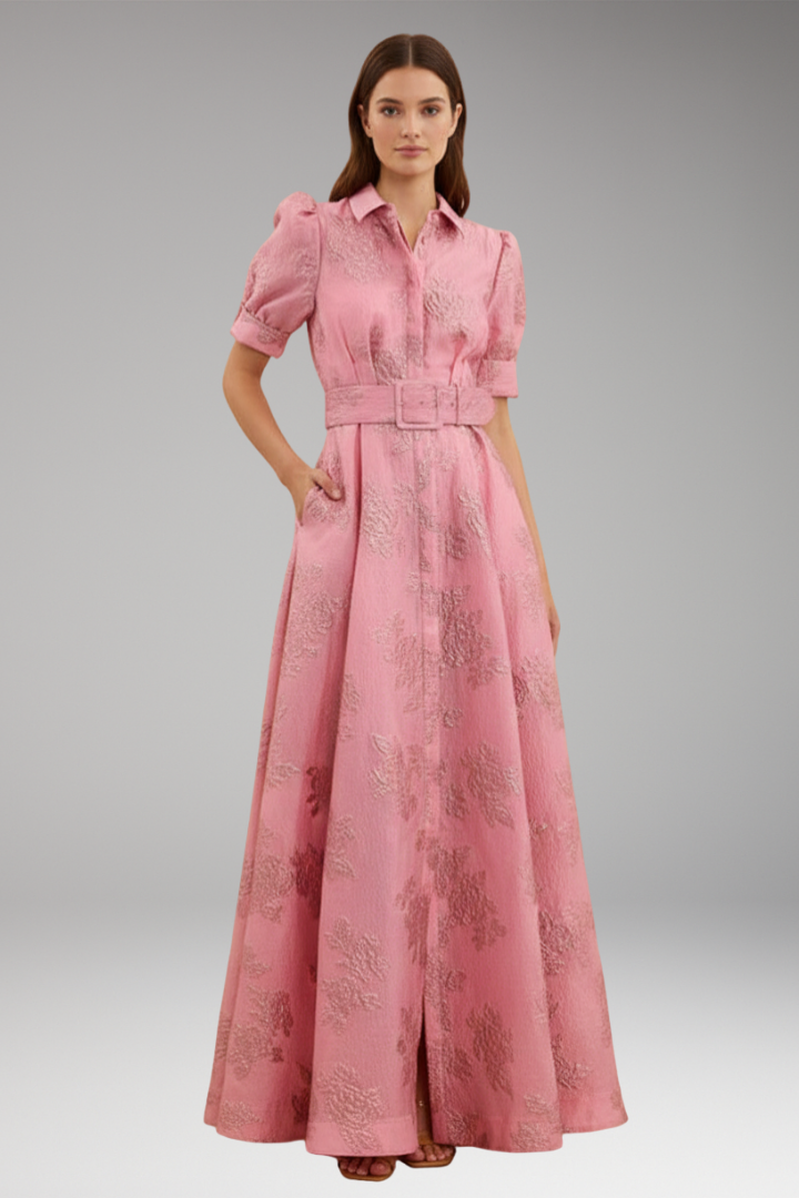 Women's Maxi Dress with Collar and Waist Belt