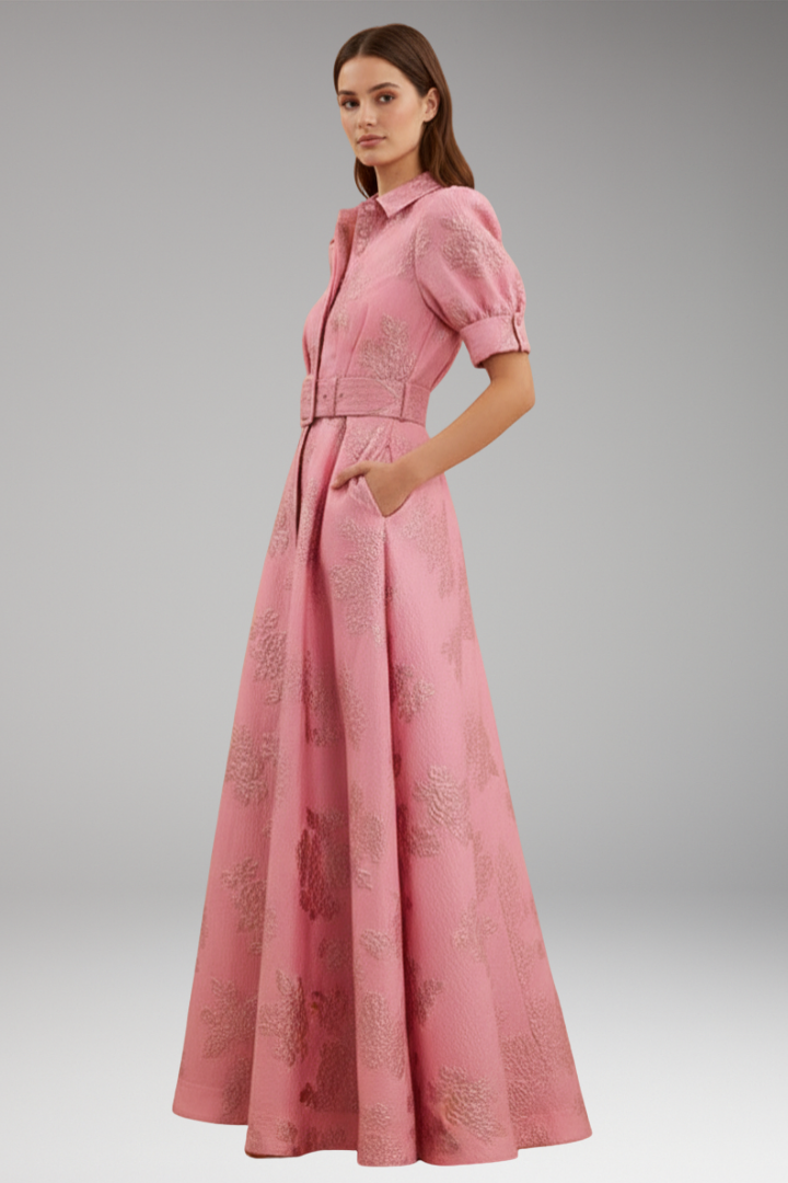 Women's Maxi Dress with Collar and Waist Belt