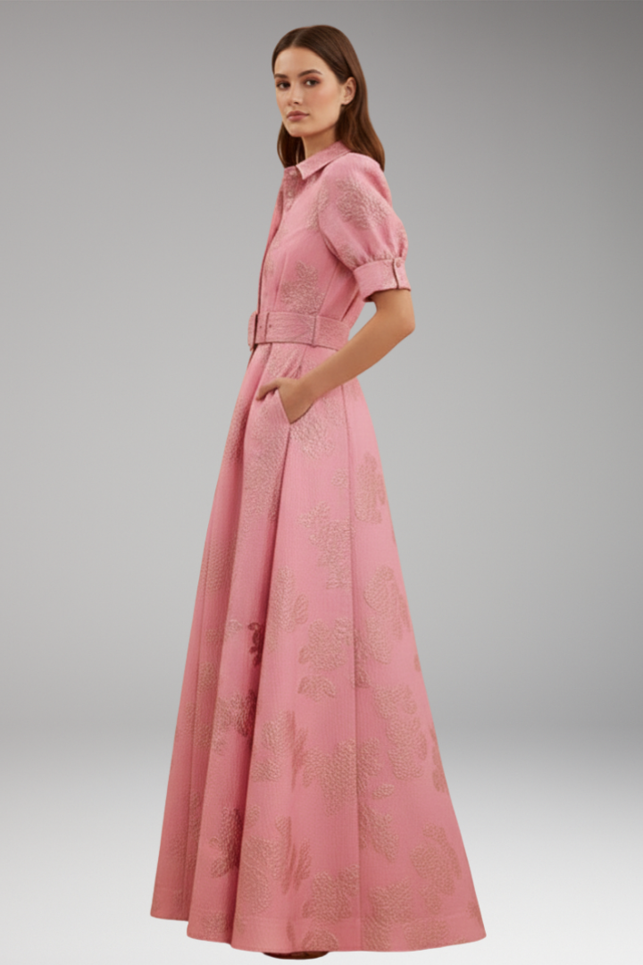 Women's Maxi Dress with Collar and Waist Belt