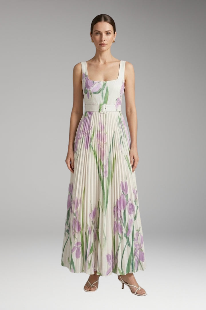 Women's Maxi Dress with Square Neck and Pleated Skirt