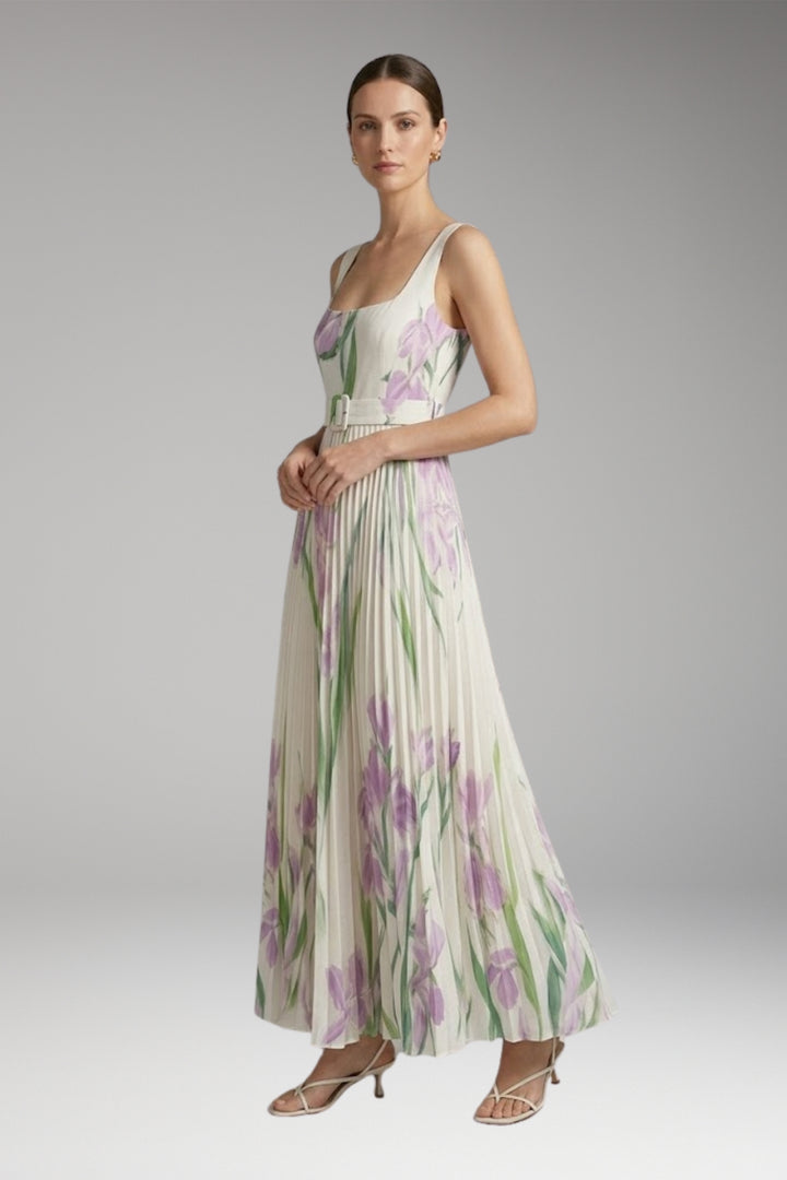 Women's Maxi Dress with Square Neck and Pleated Skirt