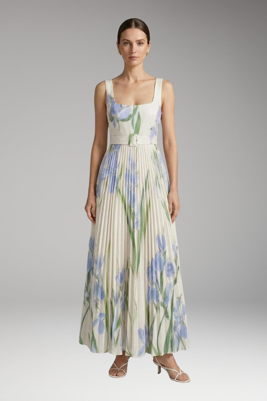 Women's Maxi Dress with Square Neck and Pleated Skirt