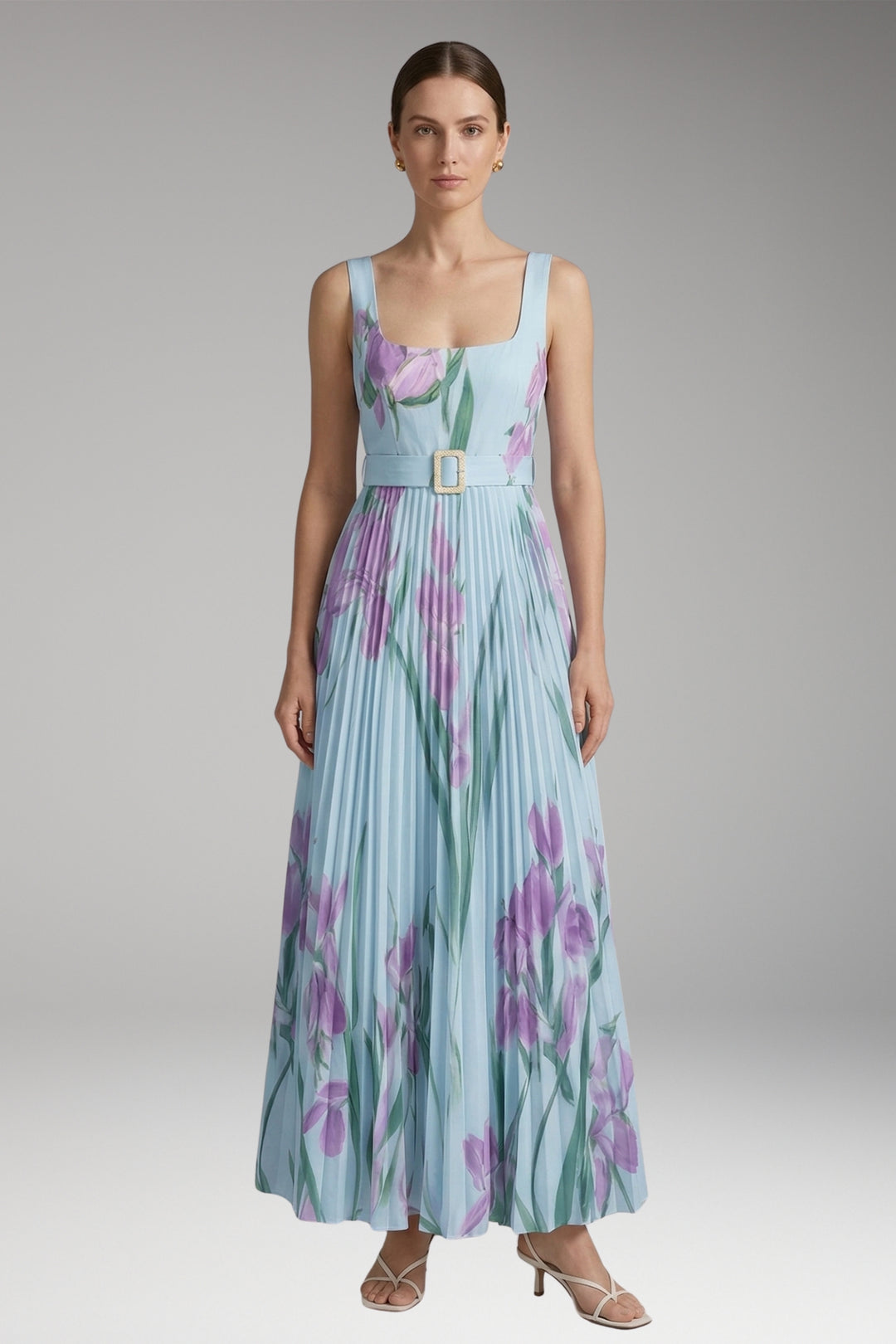 Women's Maxi Dress with Square Neck and Pleated Skirt