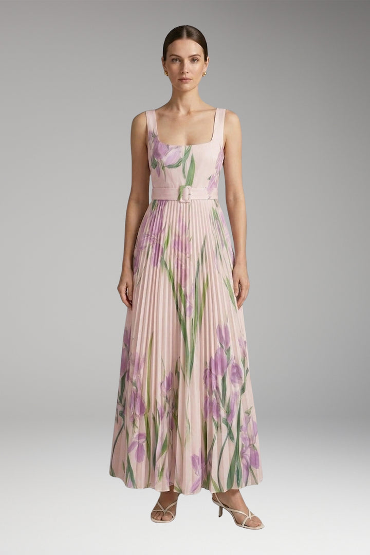 Women's Maxi Dress with Square Neck and Pleated Skirt