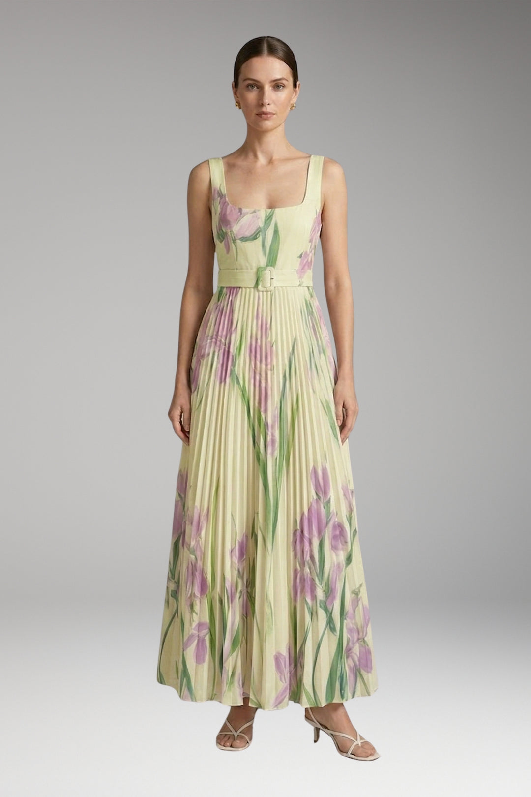 Women's Maxi Dress with Square Neck and Pleated Skirt