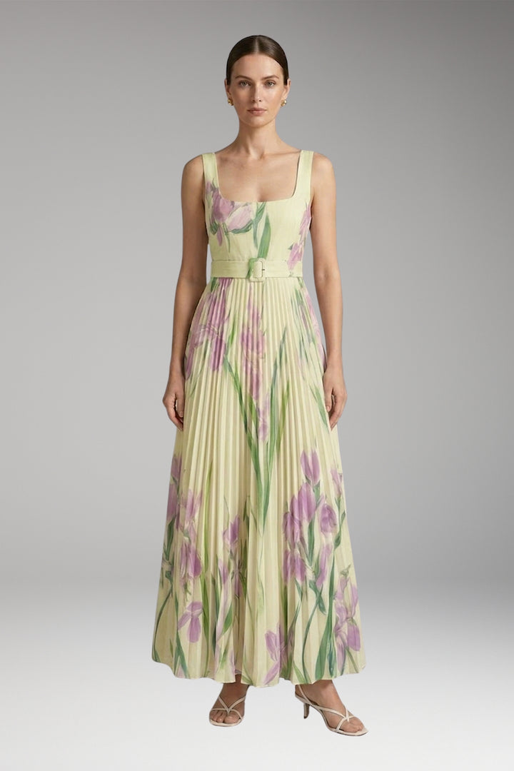 Women's Maxi Dress with Square Neck and Pleated Skirt