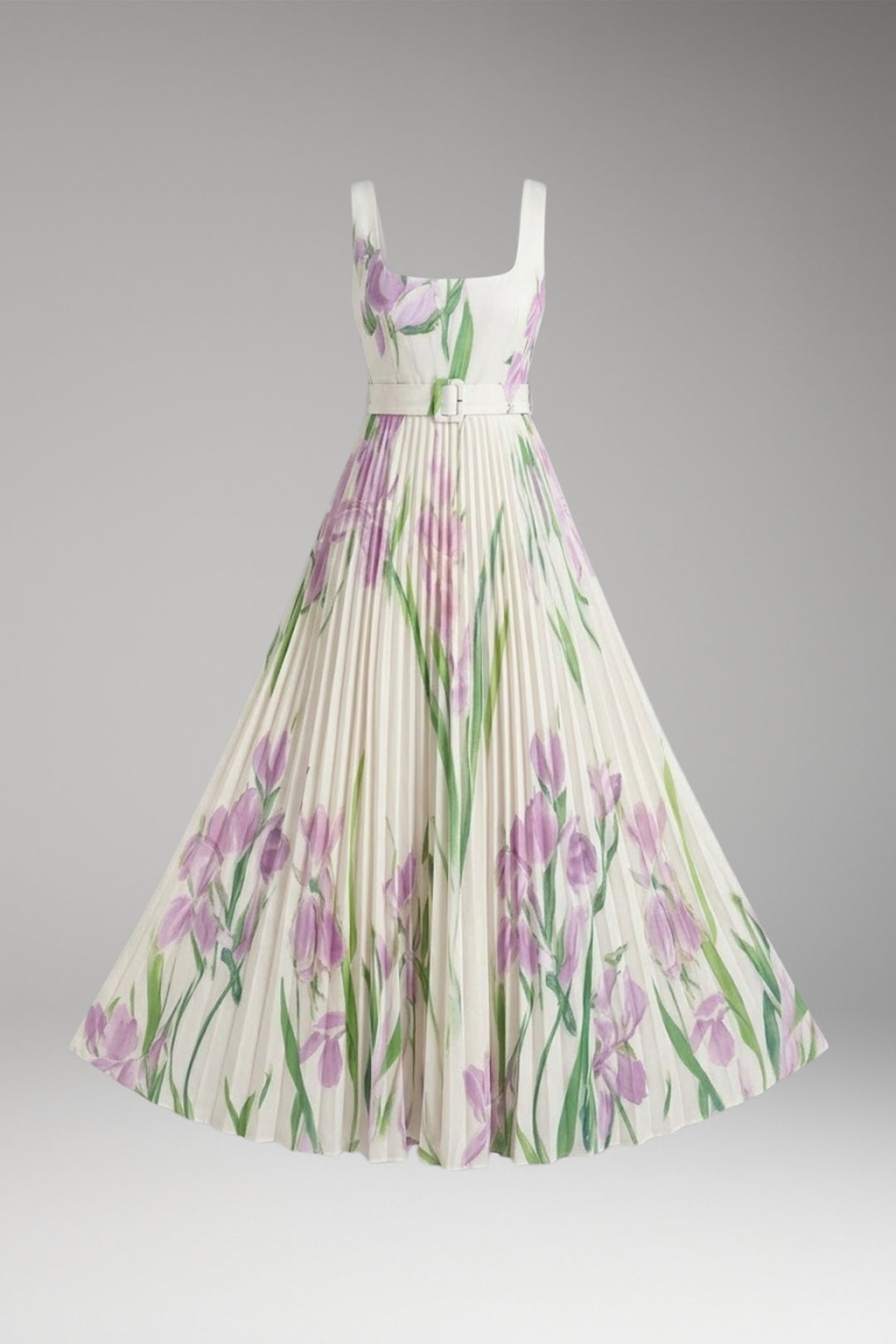 Women's Maxi Dress with Square Neck and Pleated Skirt