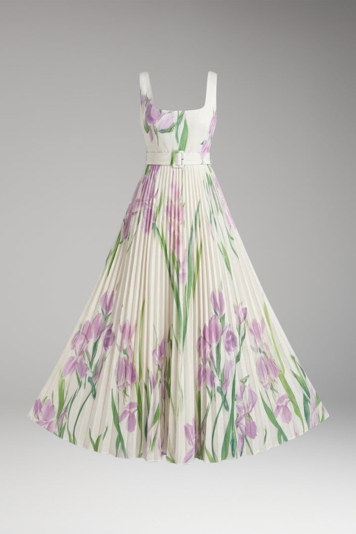 Women's Maxi Dress with Square Neck and Pleated Skirt
