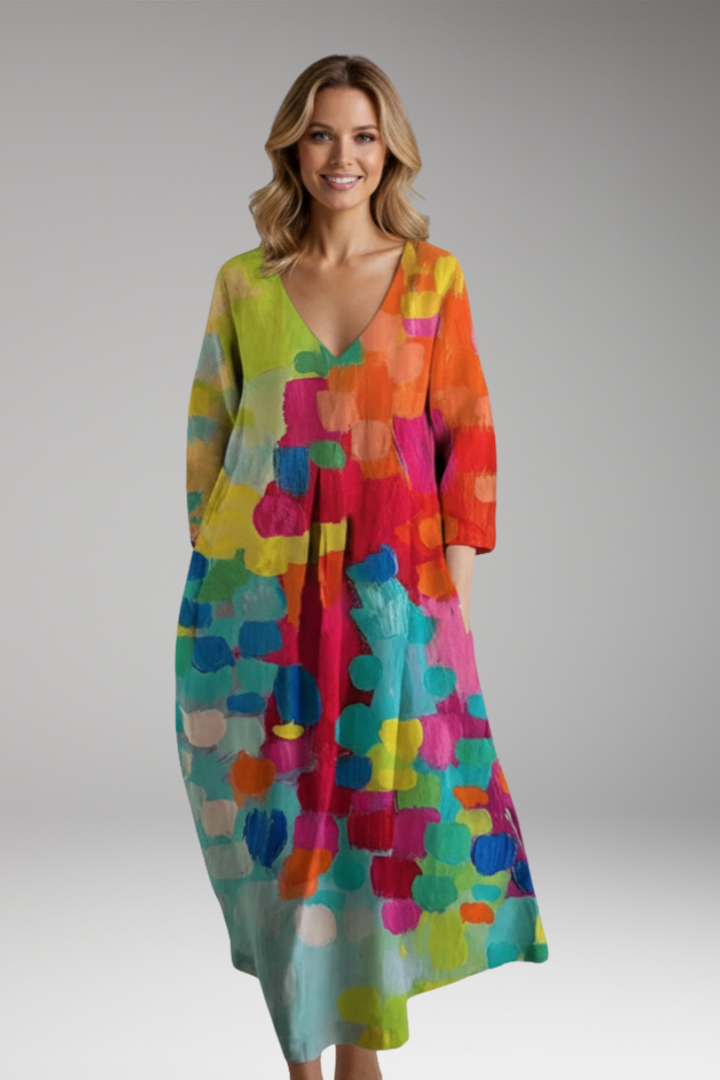 Women's Maxi Dress with Three Quarter Sleeve and Printed Pattern