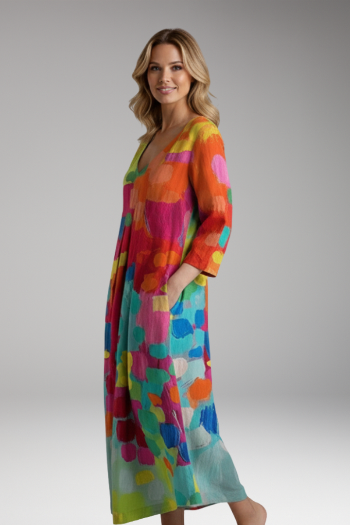Women's Maxi Dress with Three Quarter Sleeve and Printed Pattern