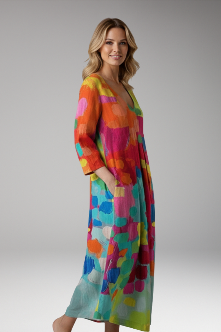 Women's Maxi Dress with Three Quarter Sleeve and Printed Pattern