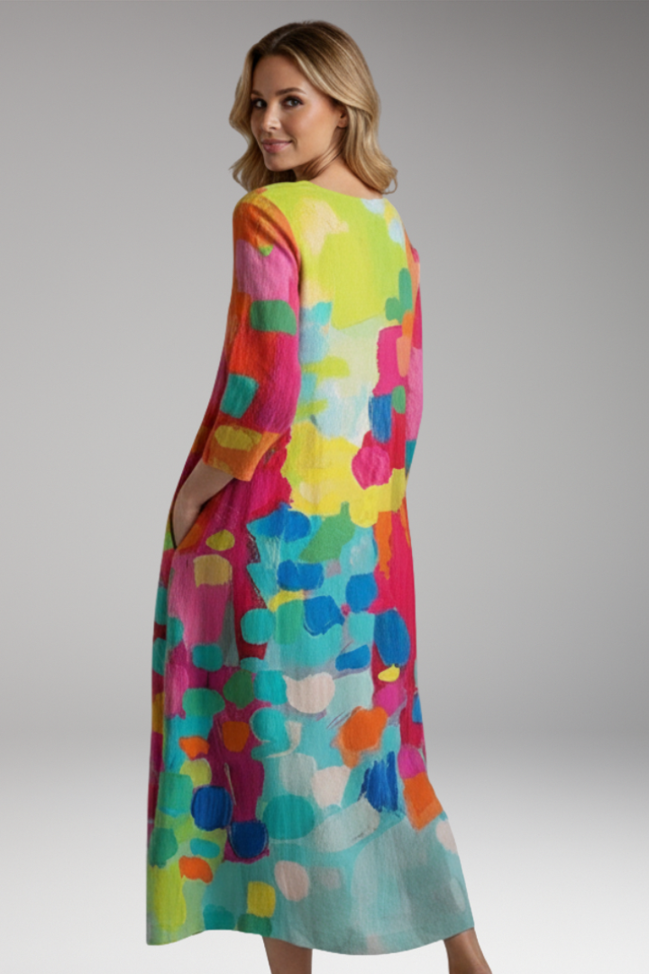 Women's Maxi Dress with Three Quarter Sleeve and Printed Pattern