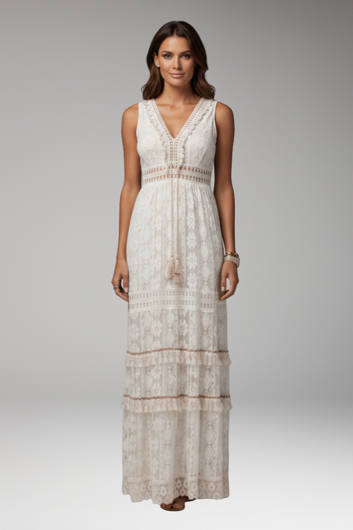 Women's Maxi Dress with V Neck and Lace Panels