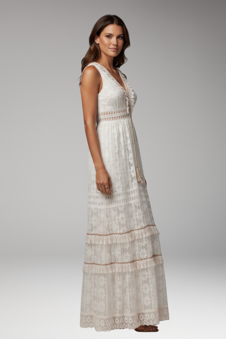 Women's Maxi Dress with V Neck and Lace Panels