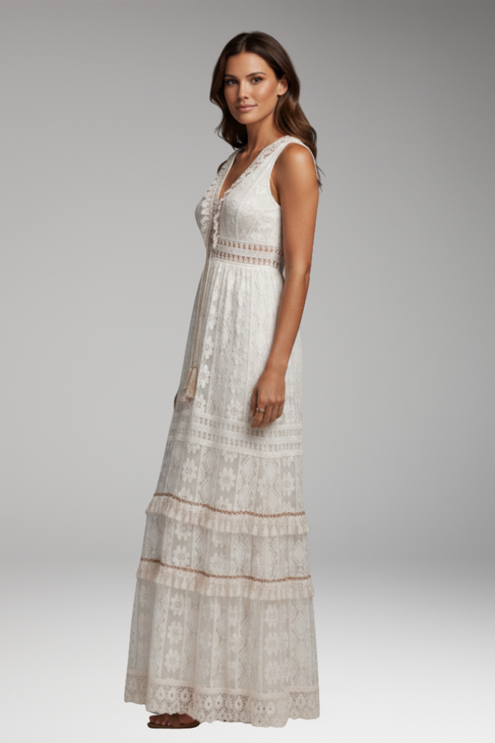 Women's Maxi Dress with V Neck and Lace Panels