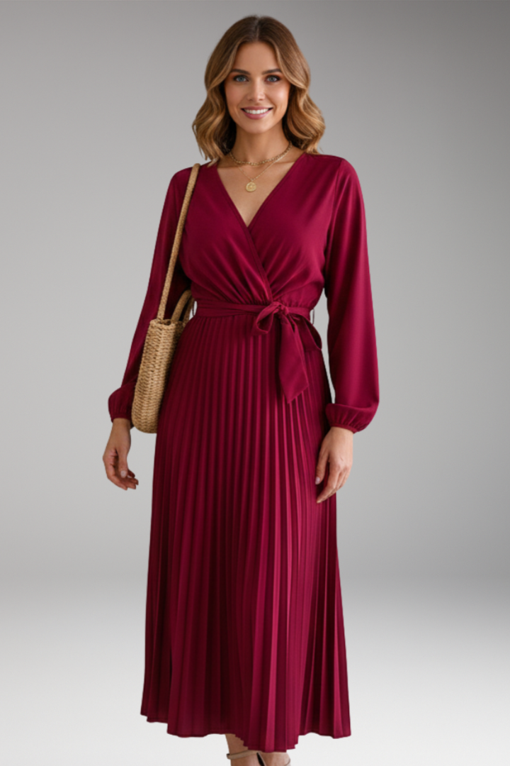 Women's Maxi Dress with V Neck and Pleated Skirt