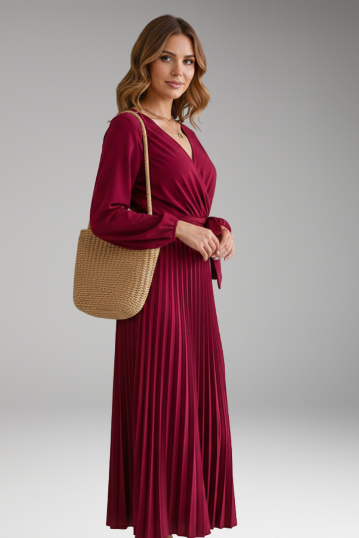 Women's Maxi Dress with V Neck and Pleated Skirt