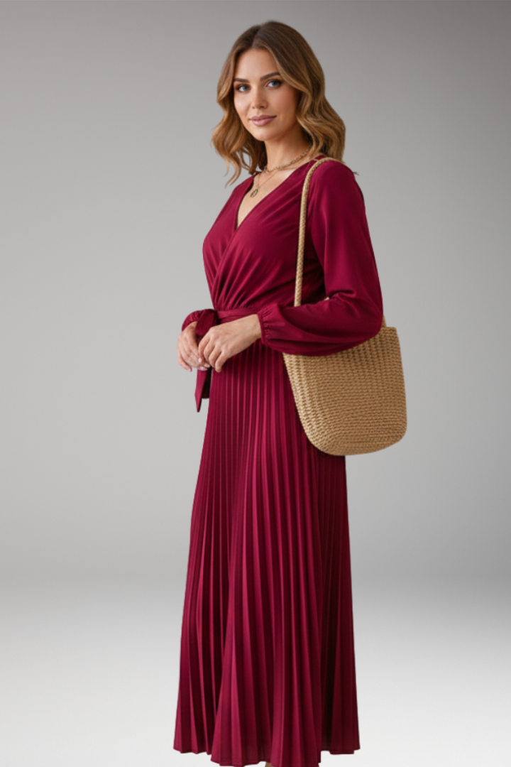 Women's Maxi Dress with V Neck and Pleated Skirt
