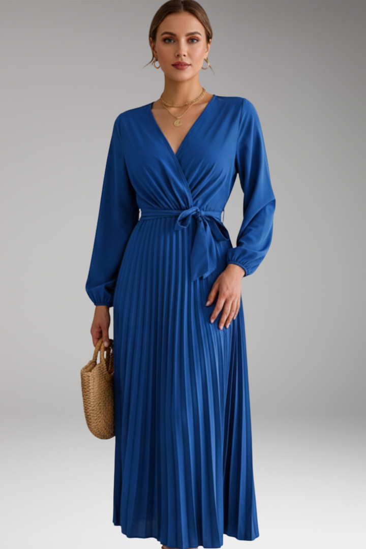 Women's Maxi Dress with V Neck and Pleated Skirt