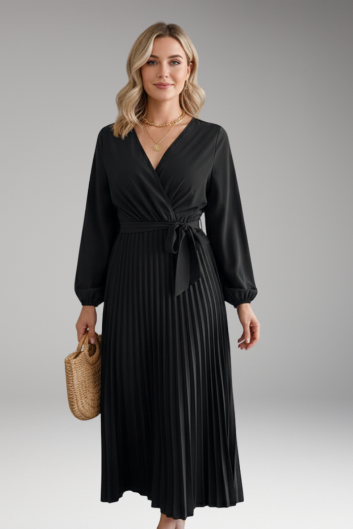 Women's Maxi Dress with V Neck and Pleated Skirt