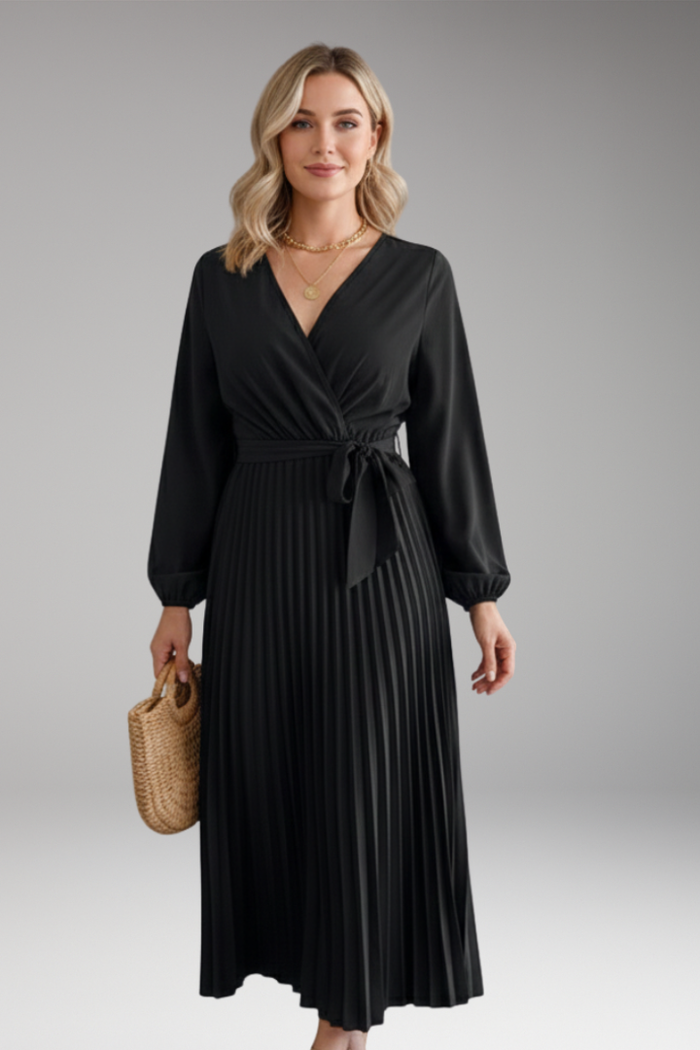 Women's Maxi Dress with V Neck and Pleated Skirt