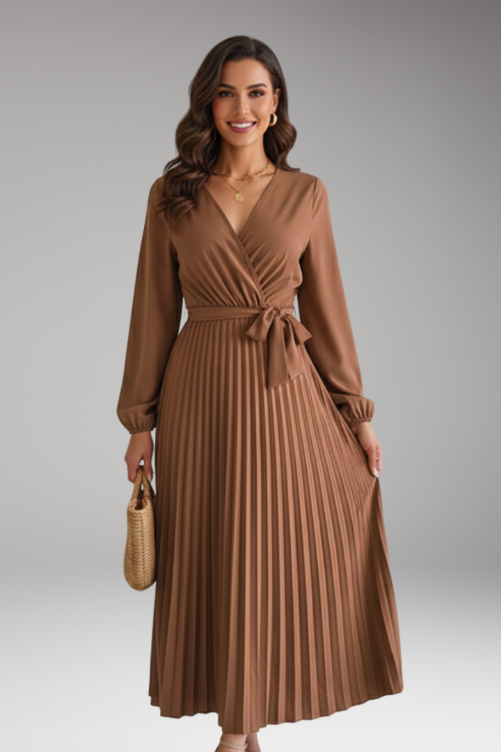 Women's Maxi Dress with V Neck and Pleated Skirt