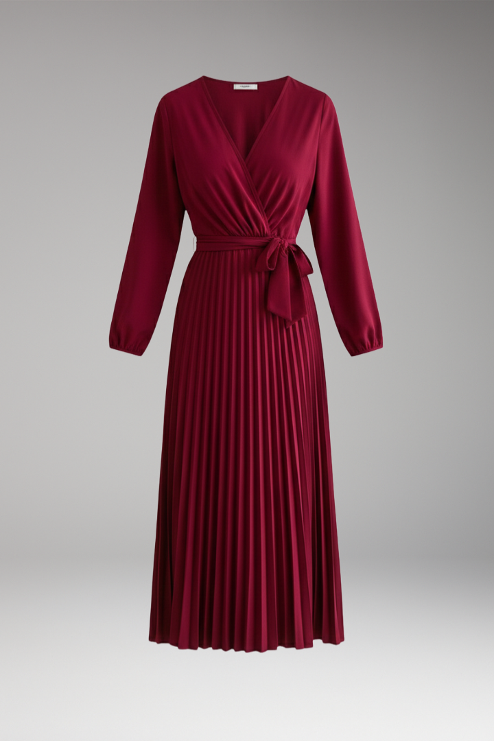 Women's Maxi Dress with V Neck and Pleated Skirt