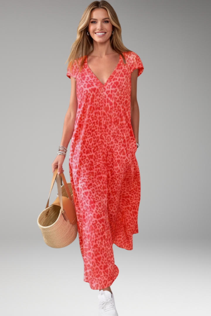 Women's Maxi Dress with V Neck and Printed Pattern
