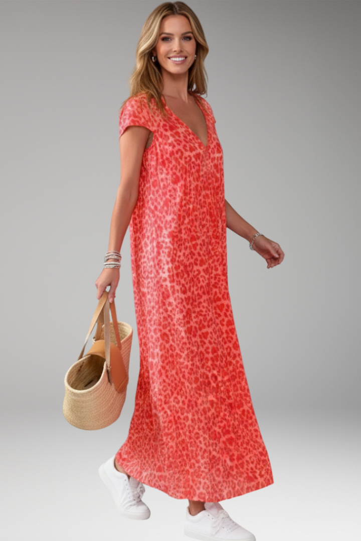 Women's Maxi Dress with V Neck and Printed Pattern
