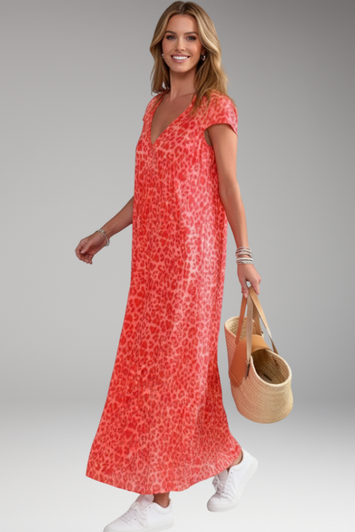 Women's Maxi Dress with V Neck and Printed Pattern
