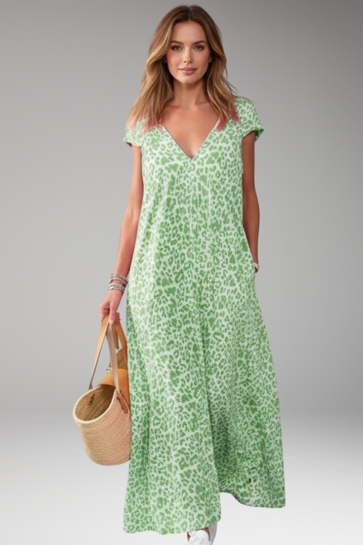 Women's Maxi Dress with V Neck and Printed Pattern