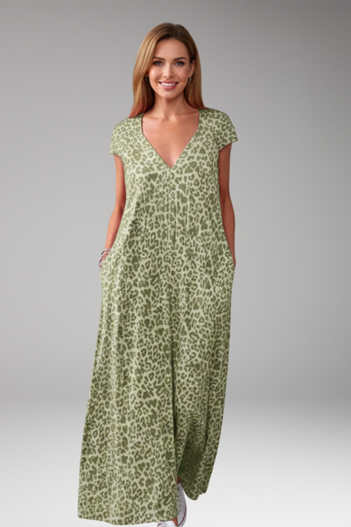 Women's Maxi Dress with V Neck and Printed Pattern