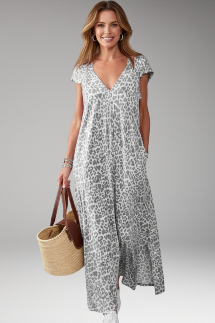 Women's Maxi Dress with V Neck and Printed Pattern