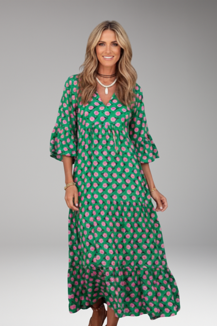 Women's Maxi Dress with V Neck and Short Wide Sleeves