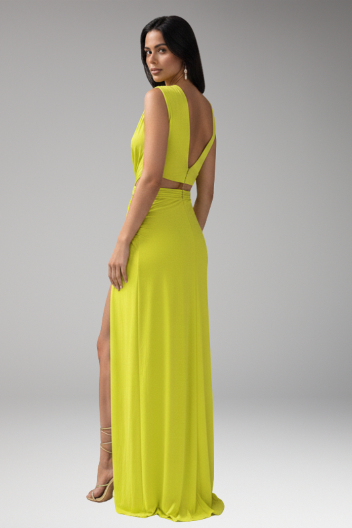 Women's Maxi Dress with V Neck and Side Slit Skirt