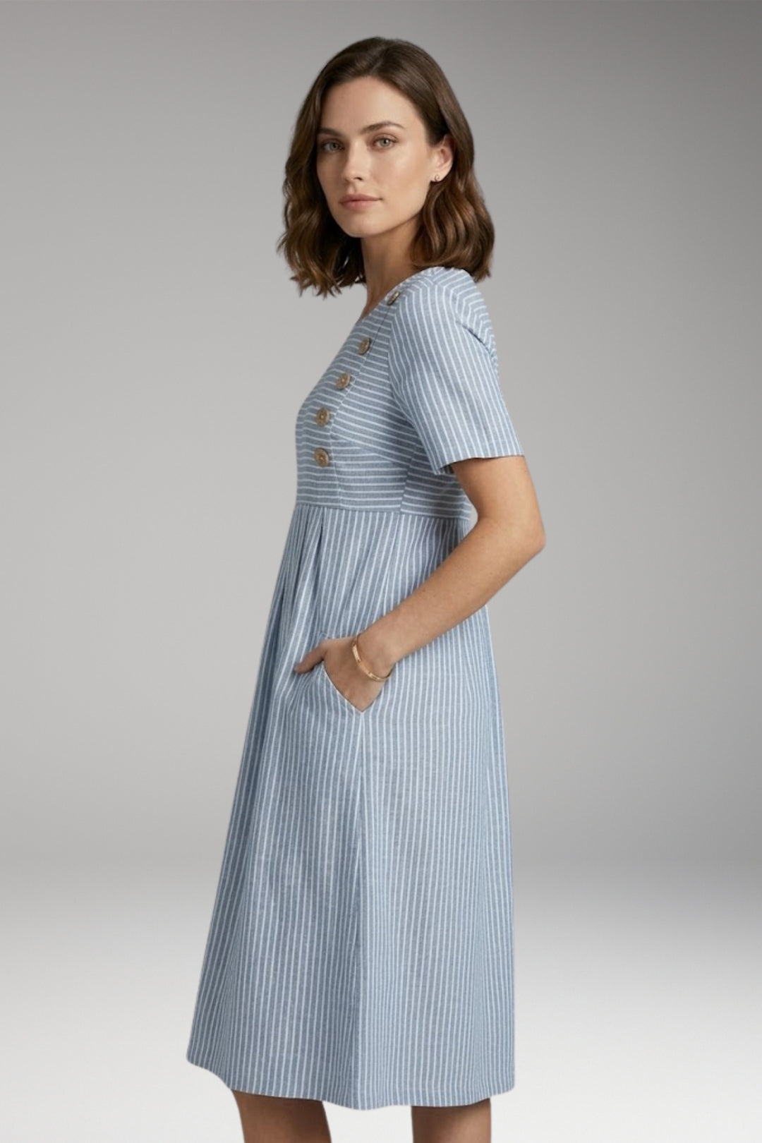 Women's Midi Dress with Button Detail and Side Pockets