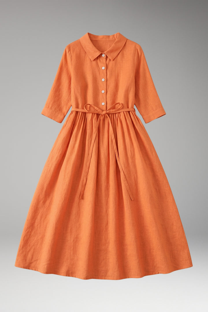 Women's Midi Dress with Button Front and Drawstring Waist