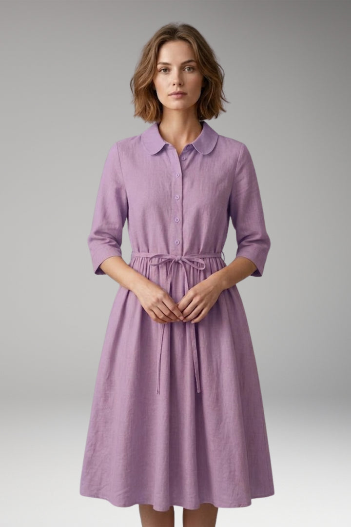 Women's Midi Dress with Button Front and Drawstring Waist