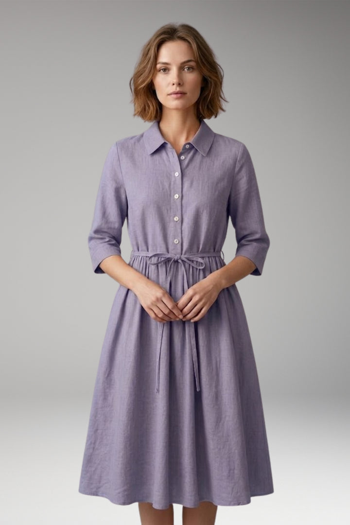 Women's Midi Dress with Button Front and Drawstring Waist