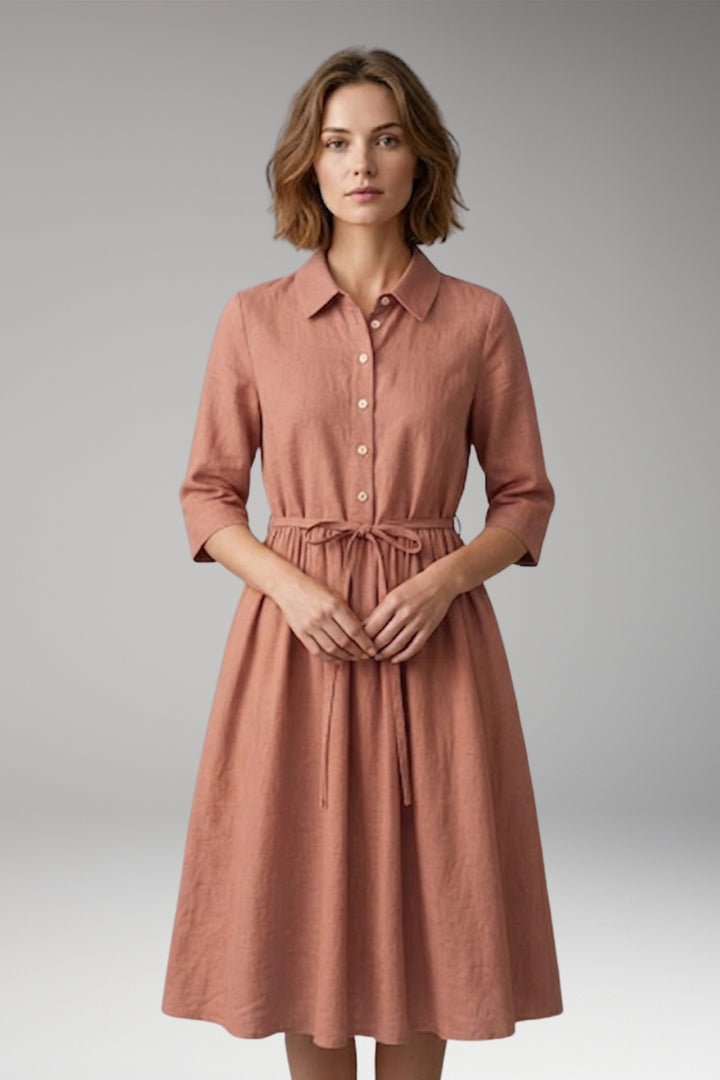 Women's Midi Dress with Button Front and Drawstring Waist