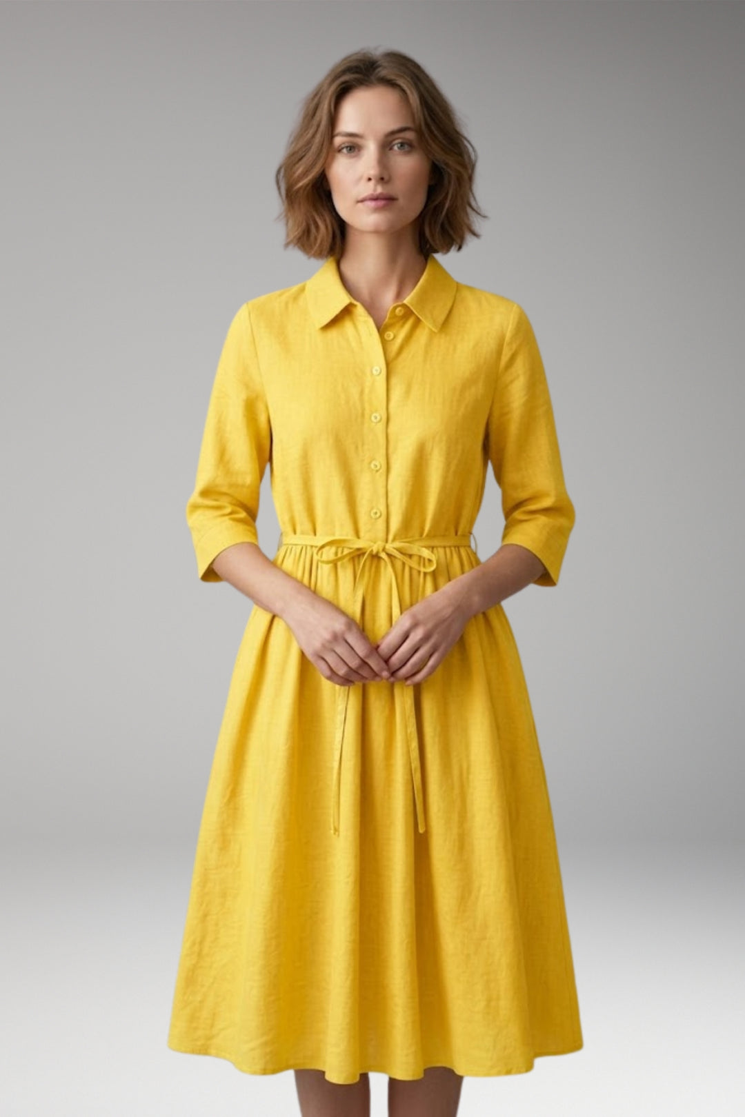 Women's Midi Dress with Button Front and Drawstring Waist