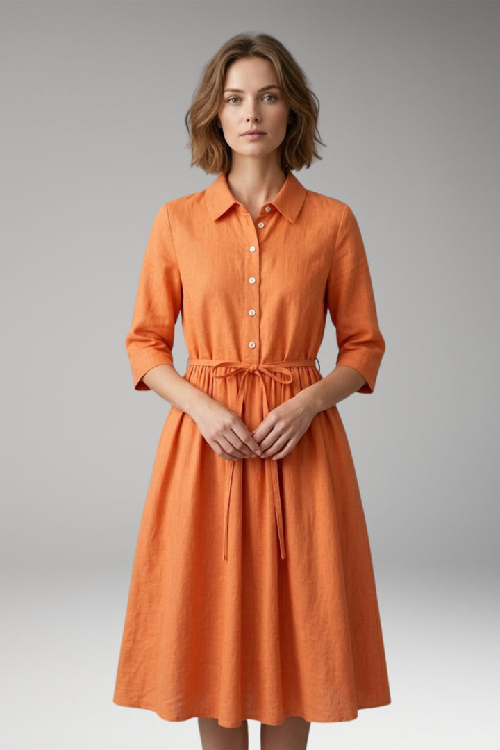 Women's Midi Dress with Button Front and Drawstring Waist