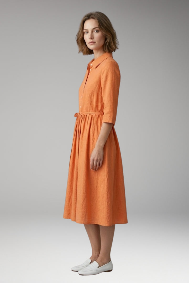 Women's Midi Dress with Button Front and Drawstring Waist