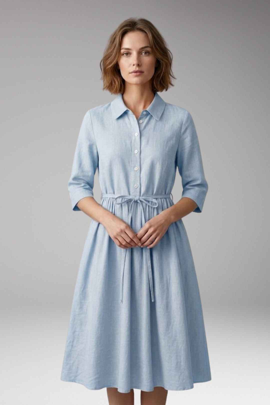 Women's Midi Dress with Button Front and Drawstring Waist