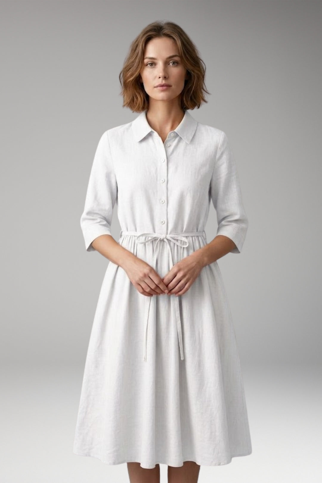 Women's Midi Dress with Button Front and Drawstring Waist