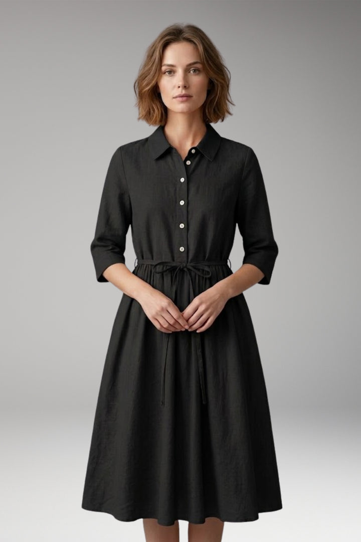 Women's Midi Dress with Button Front and Drawstring Waist